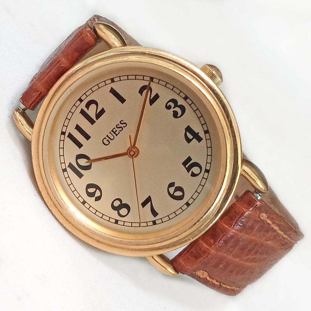 Vintage GUESS Watch 1991 Gold Brown Leather 33mm